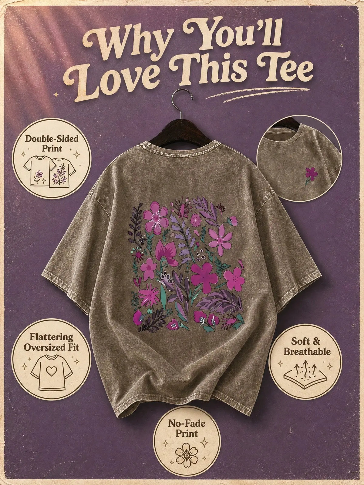 Women's 100% Washed Cotton Round Neck Short-Sleeve T-Shirt - Casual Relaxed-Fit Rural-Style Floral Print Comfortable Top for Daily Wear, Shortsleeve