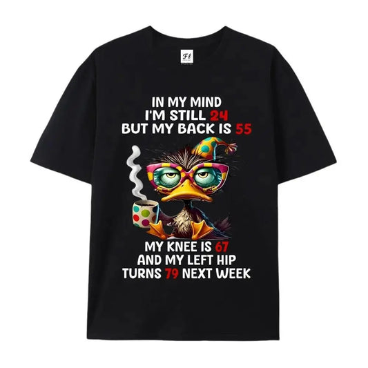 Men's Soft Breathable Cotton Crewneck Round Neck Funny Print T-Shirt - "Duck In My Mind I'm 24 But My Back Is 55" Sarcastic Style, Black Short Sleeve, Casual Loose Top, Personality Wear for New Year, Nyepi